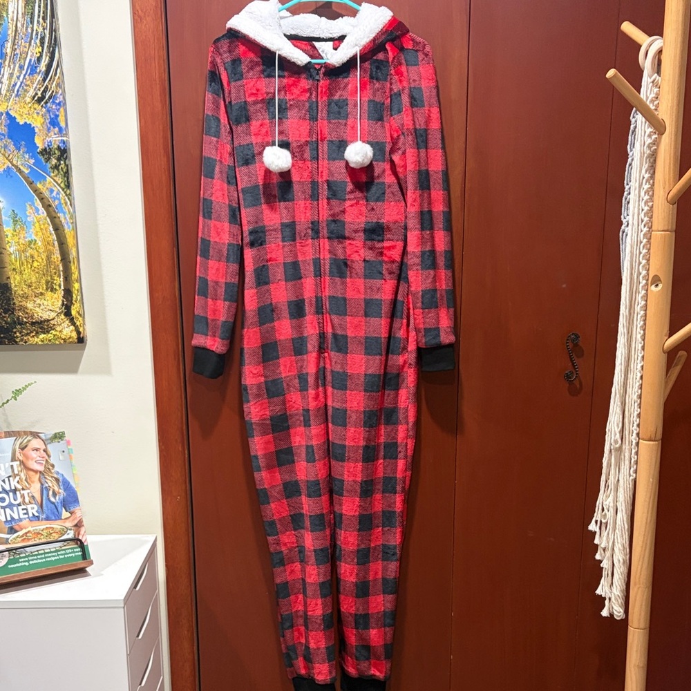 Women's Red and Black Plaid Hooded Pajama Jumpsuit
